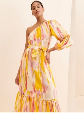 Anthropologie Little Lies Costa Rica Linen One Shoulder Maxi Dress Size XS